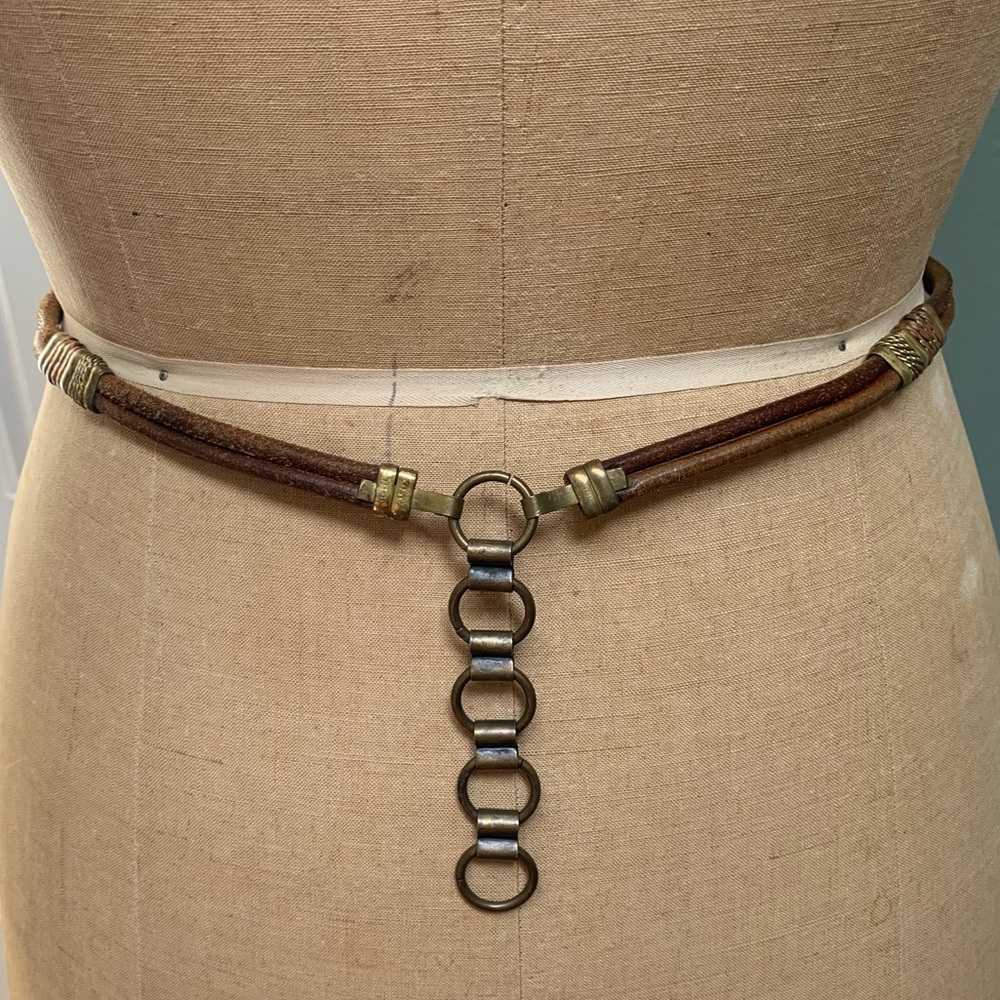 Vintage 70s Brutalist Mixed Metal Adjustable Leather and Copper Artisanal Belt - Picture 8 of 8